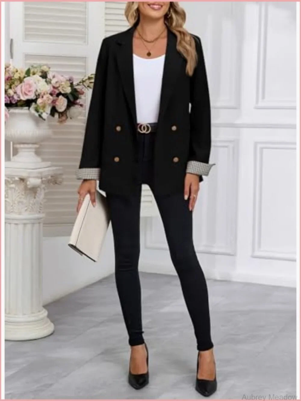 Womens Plaid Blazer Double Breasted Open Front Business Casual Office Suit